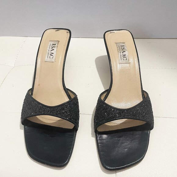 Vintage Isaac Mizrahi Black Open-Toe Mules Heels with Glitter Detail | Size 10B - Picture 2 of 14